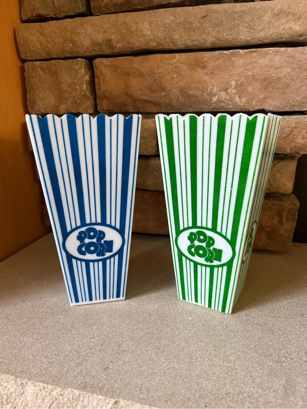 Plastic Blue & Green Striped Popcorn Boxes - Set of 2 - 12” high